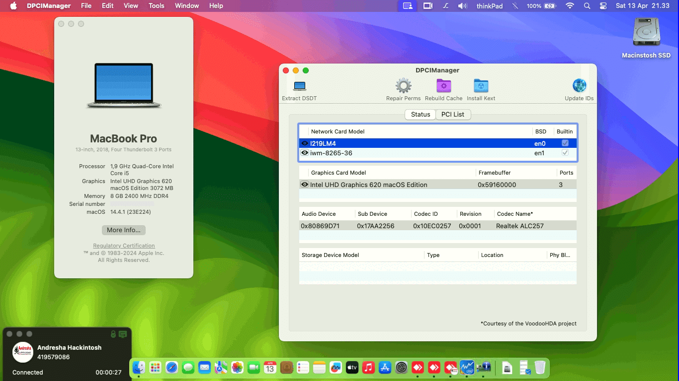Success Hackintosh macOS Sonoma 14.4.1 Build 23E224 in Lenovo Thinkpad X280